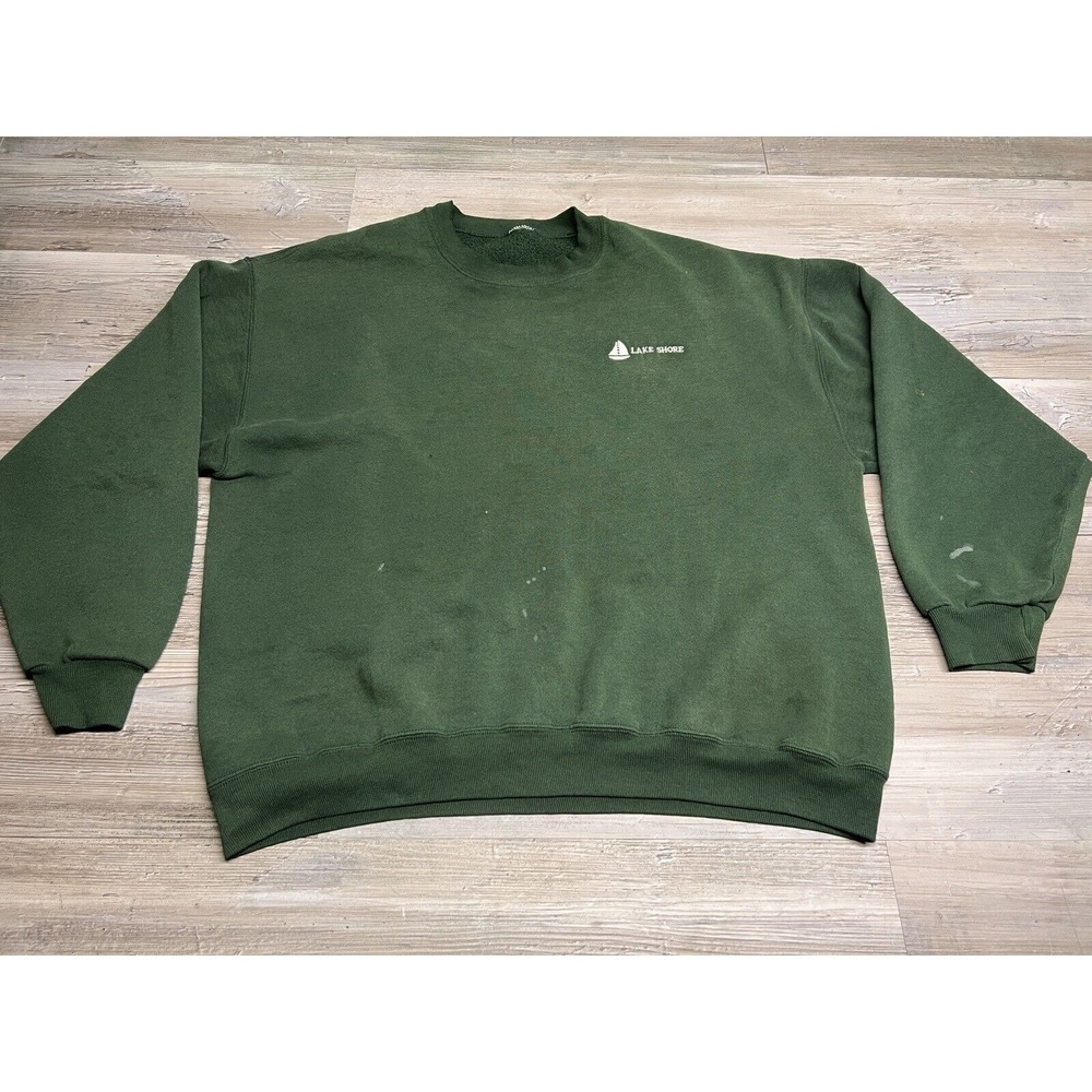 Vintage 90 Forest Green Crewneck Sweatshirt Size XL Faded Embroidered‎ Lakeshore